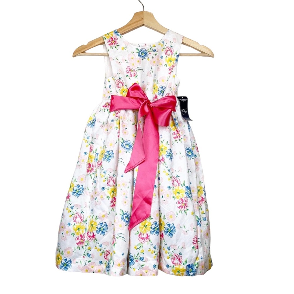 CHAPS Spring Floral Princess Girls Dress Size 6 NWT Pink Bow at Waist